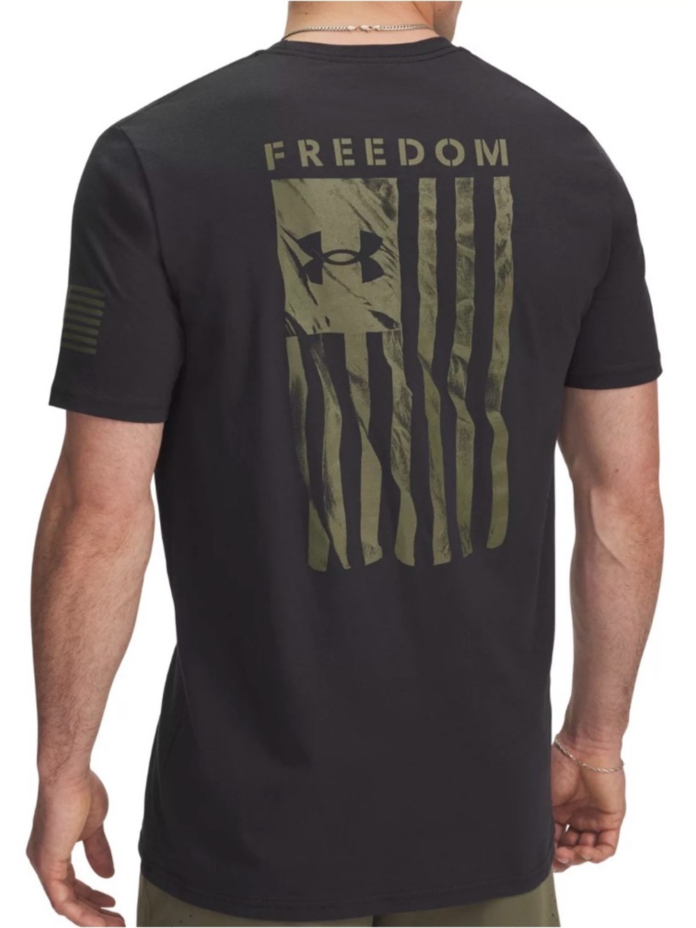 ⭐️ NWT Under Armour Black Short-Sleeve Tee with Olive 'FREEDOM' Flag Graphic